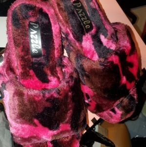 Pink Wedge Furry Slides
